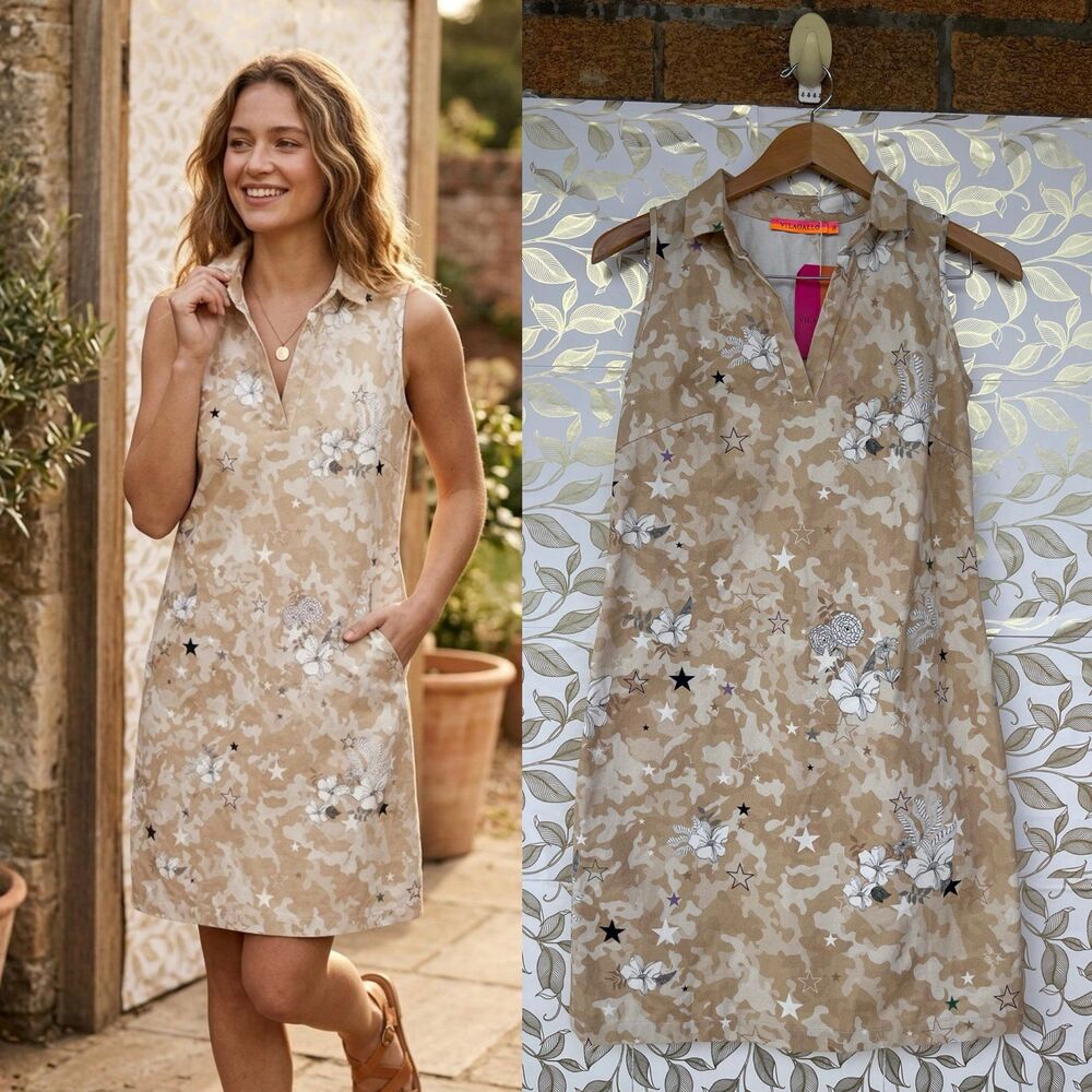 Vilagallo Camo Star Floral Cotton Shift Mini Dress Spanish Designer NWT Size 36